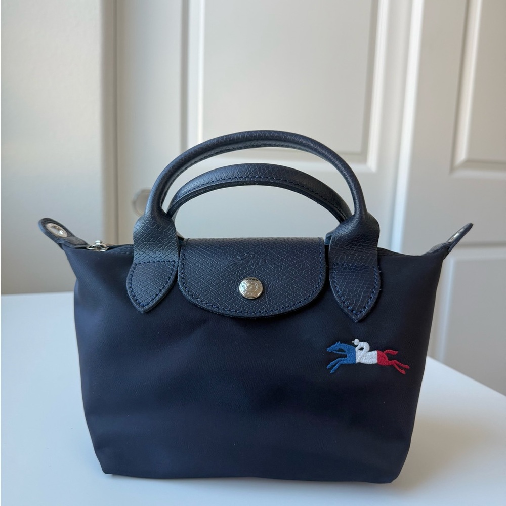 Longchamp Navy Mini Le Pliage Top-Handle Bag with Tricolor Horse Motif - Picture 2 of 11